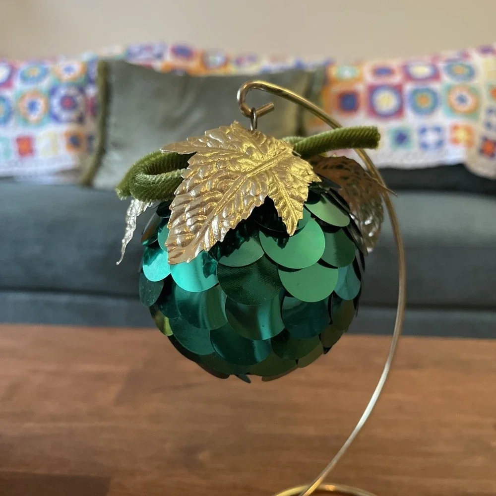 2 Handcrafted Push Pin Bead Sequin Satin Ball Christmas Ornaments Vtg Green Gold